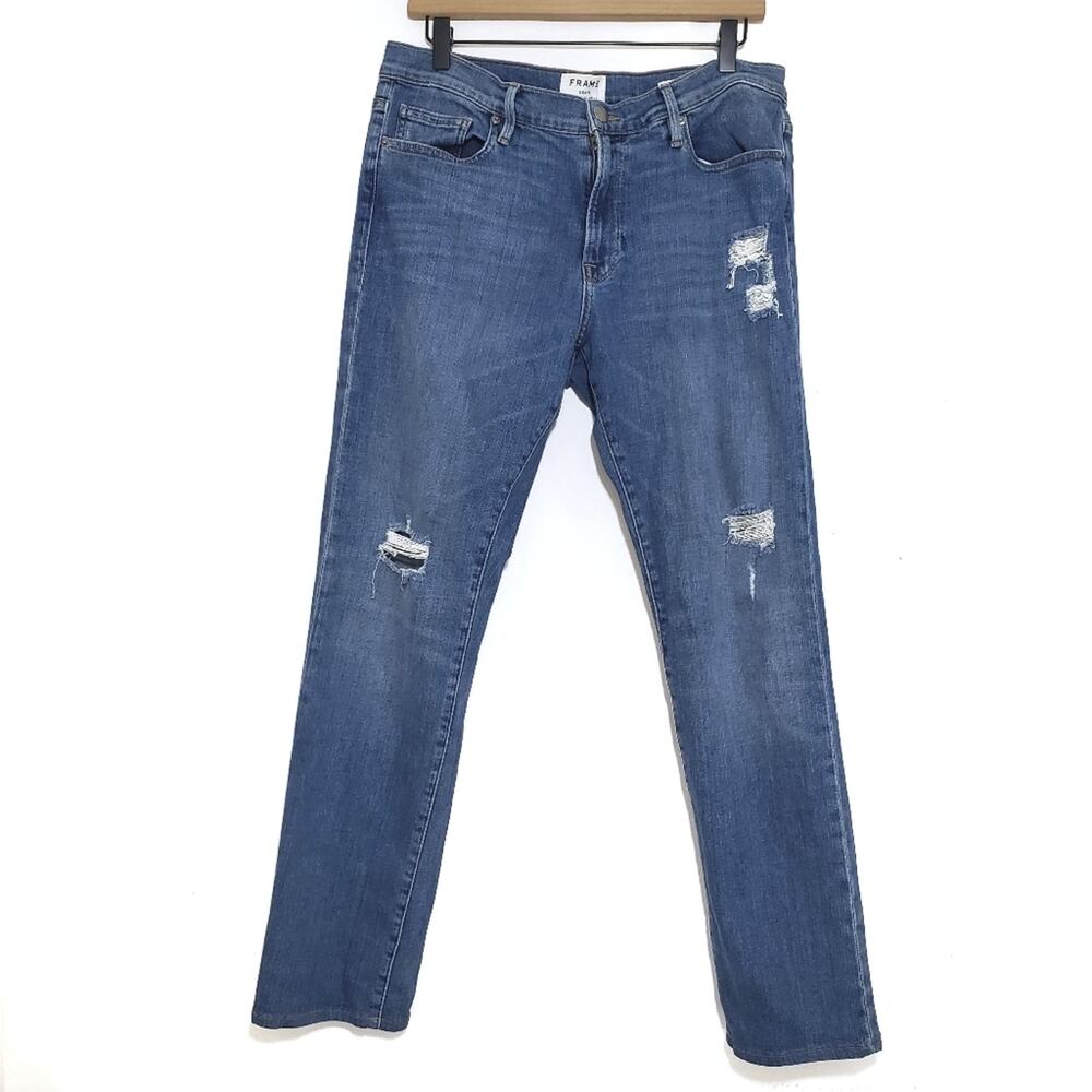 Frame | 34x30 L'Homme Straight Distressed Jeans in Brooks Medium Blue
